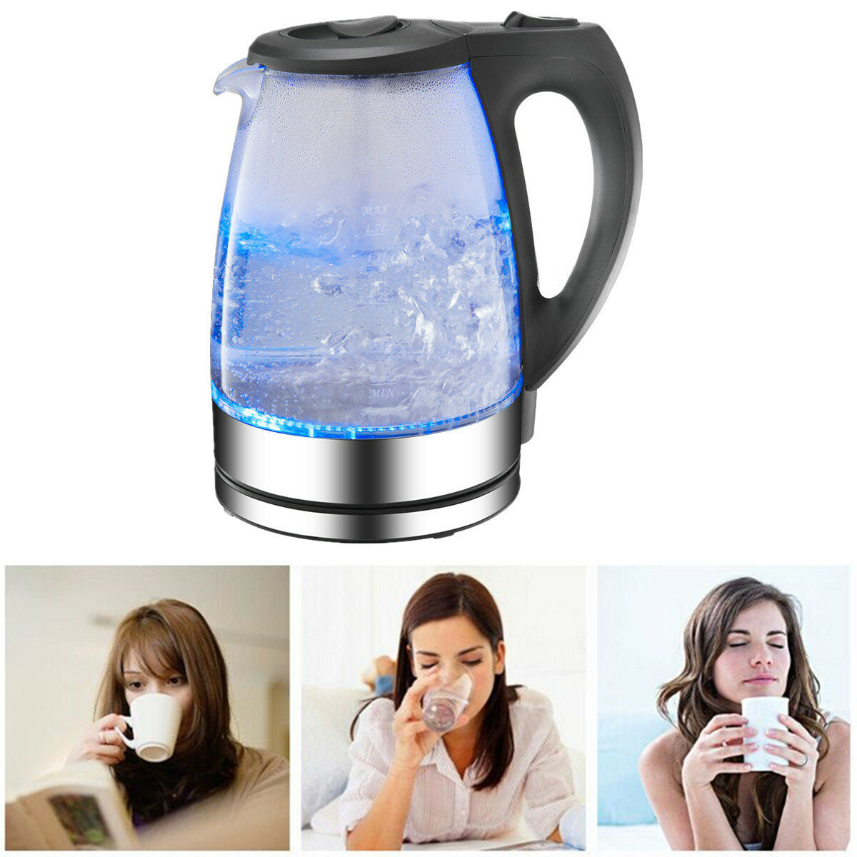 1.7L Glass Electric Kettle AU Plug 1500W Anti-drying Automatic Shutdown Boiling with Blue LED Lighting for Household