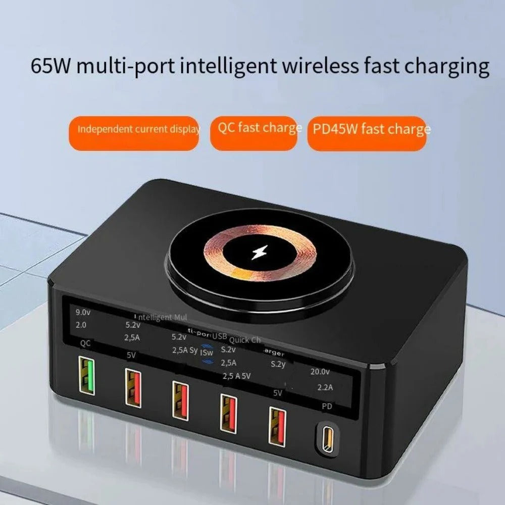 65W 6-Port USB PD Charger, Fast Wireless Charging Station for iPhone, Hui, Xiaomi, Samsung