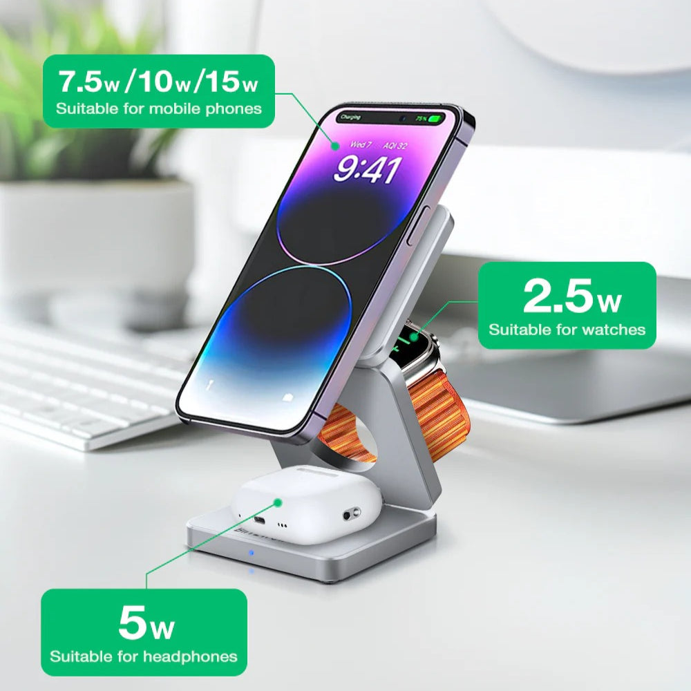 3-in-1 15W Foldable Magnetic Wireless Charger for iPhone, Apple Watch, AirPods - Fast Charging Station