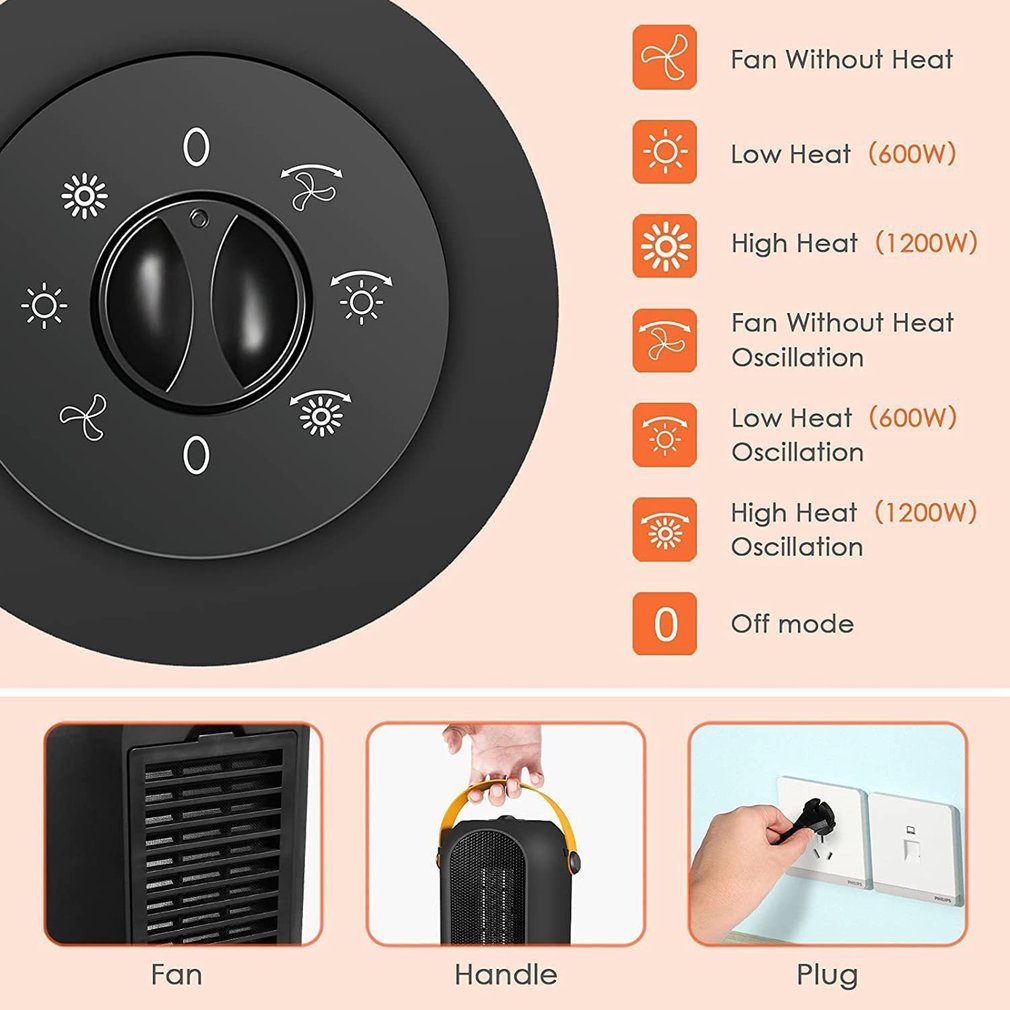 Adjustable Thermostat Portable Space Heater Electric PTC Heater Fan Fast Heating Up Overheating Protection Home Office Desktop