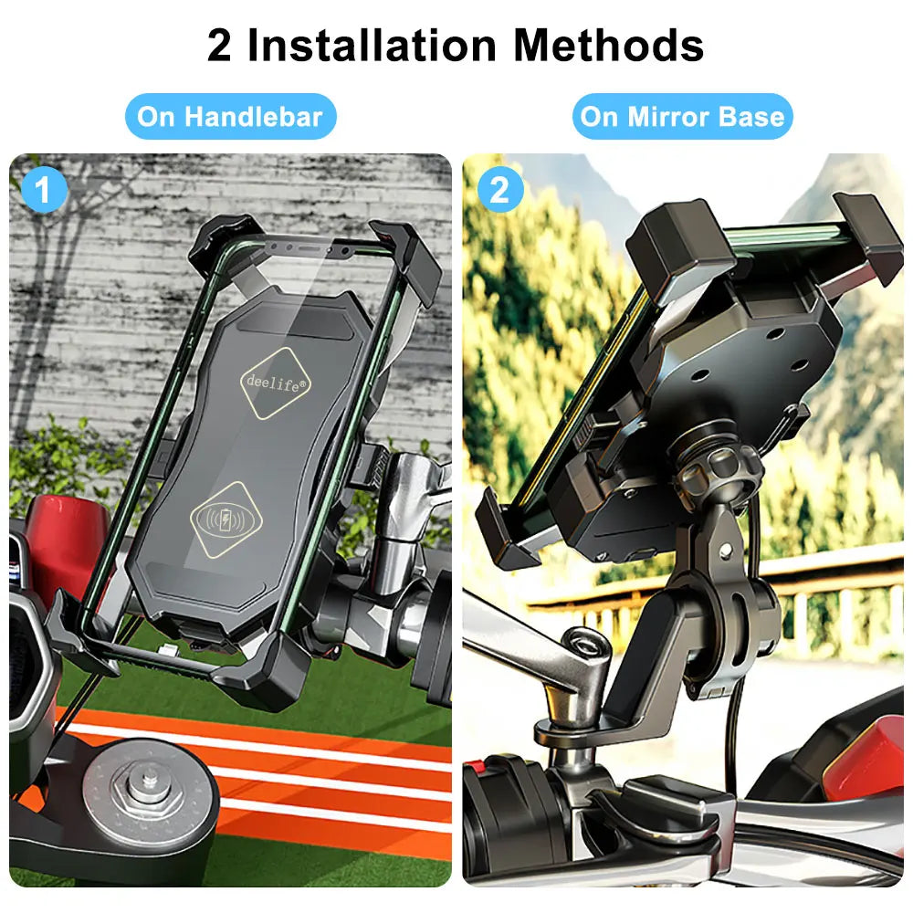 Motorcycle Phone Holder with USB & Wireless Charging for Bikes & Bicycles