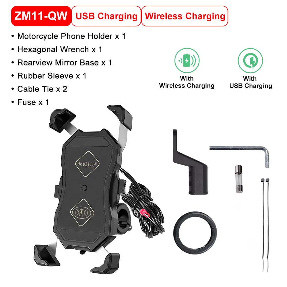 Motorcycle Phone Holder with USB & Wireless Charging for Bikes & Bicycles