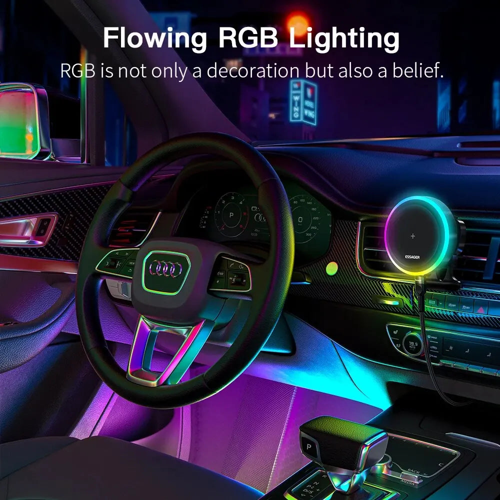 RGB Magnetic Car Phone Holder & 15W Wireless Charger for iPhone 14/13 Pro Max, Samsung