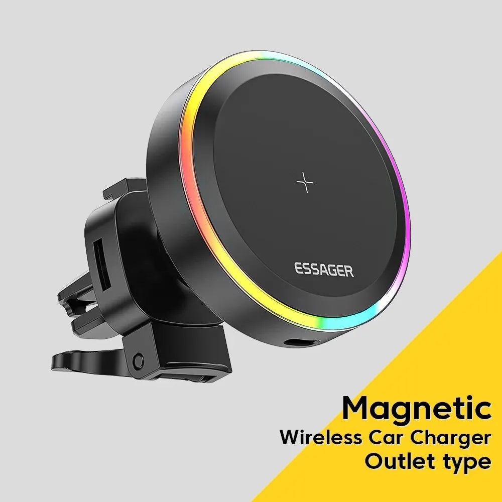 RGB Magnetic Car Phone Holder & 15W Wireless Charger for iPhone 14/13 Pro Max, Samsung