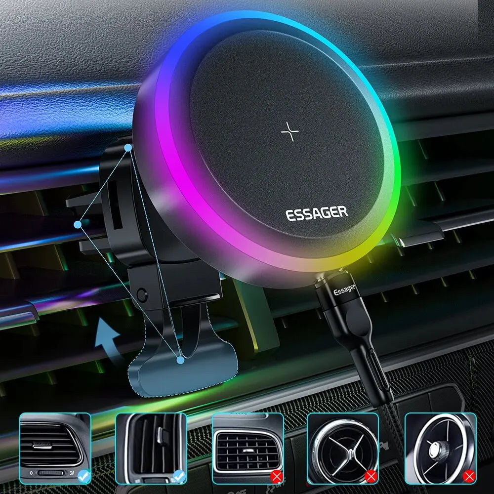 RGB Magnetic Car Phone Holder & 15W Wireless Charger for iPhone 14/13 Pro Max, Samsung