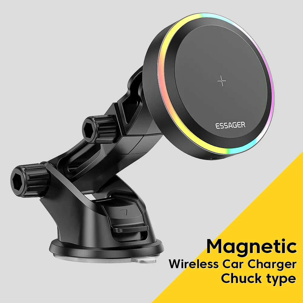 RGB Magnetic Car Phone Holder & 15W Wireless Charger for iPhone 14/13 Pro Max, Samsung