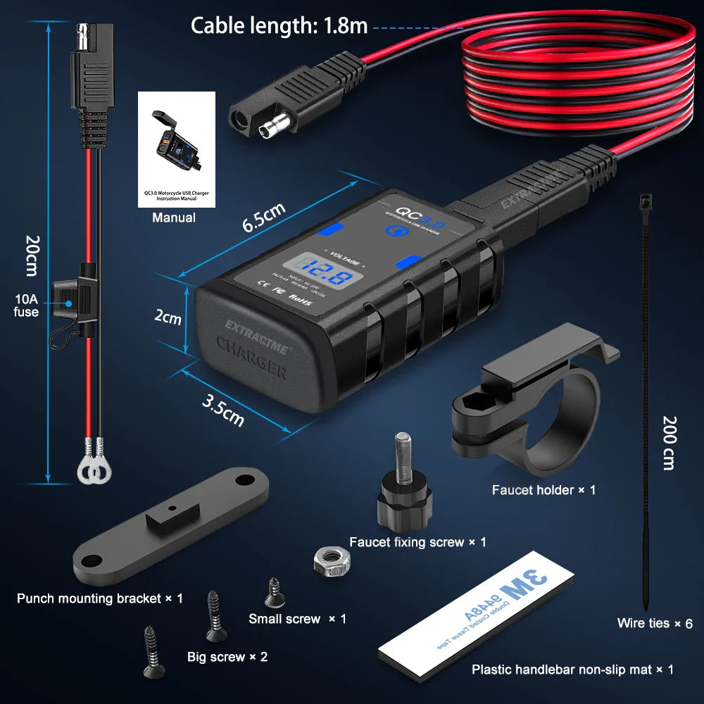 6.8A QC3.0 Motorcycle USB Charger Waterproof 12V Adapter with Voltmeter & Switch