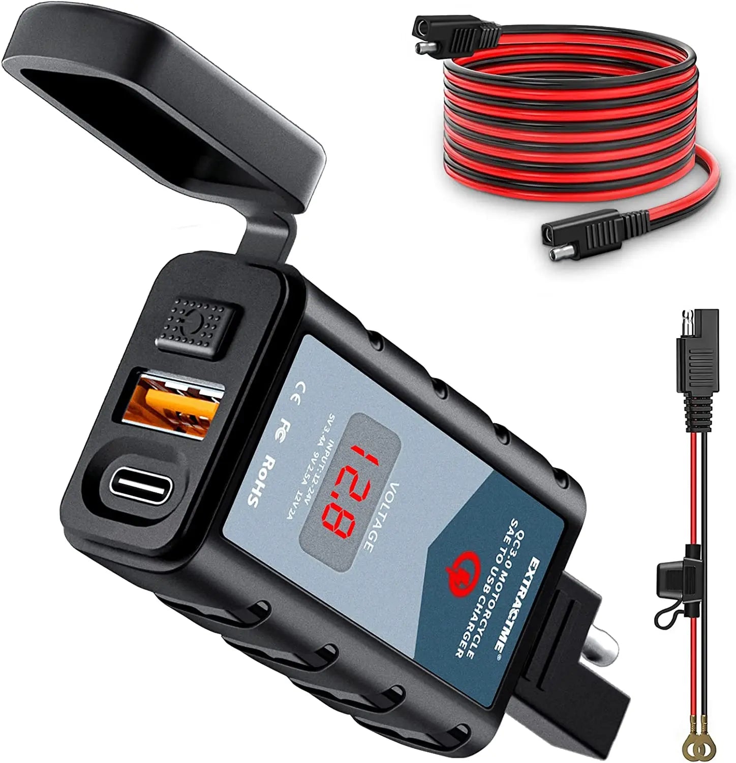 6.8A QC3.0 Motorcycle USB Charger Waterproof 12V Adapter with Voltmeter & Switch