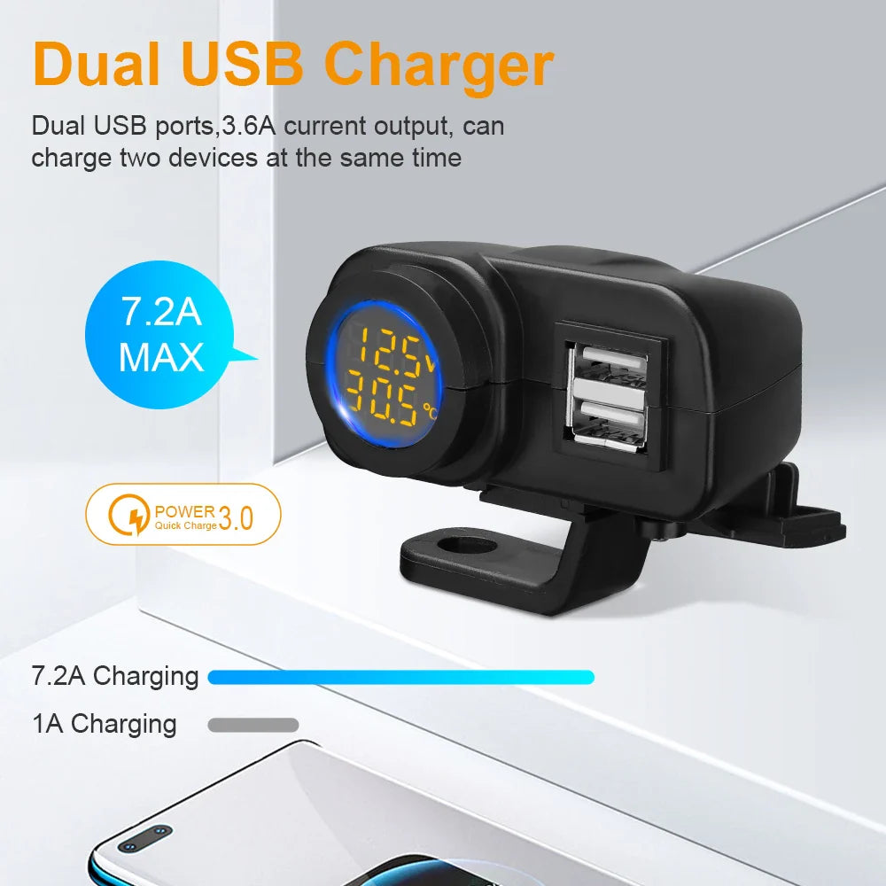 QC3.0 Motorcycle Dual USB Charger with Voltmeter & Thermometer, 36W Fast Charging