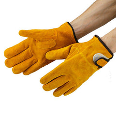 1 Pair Leather Fireproof Gloves Yellow Durable Anti-Heat Insulation Work Safety Gloves For Camping Welding Metal Hand Tools