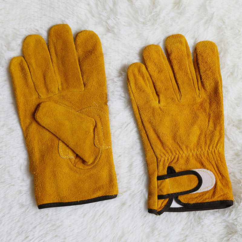 1 Pair Leather Fireproof Gloves Yellow Durable Anti-Heat Insulation Work Safety Gloves For Camping Welding Metal Hand Tools