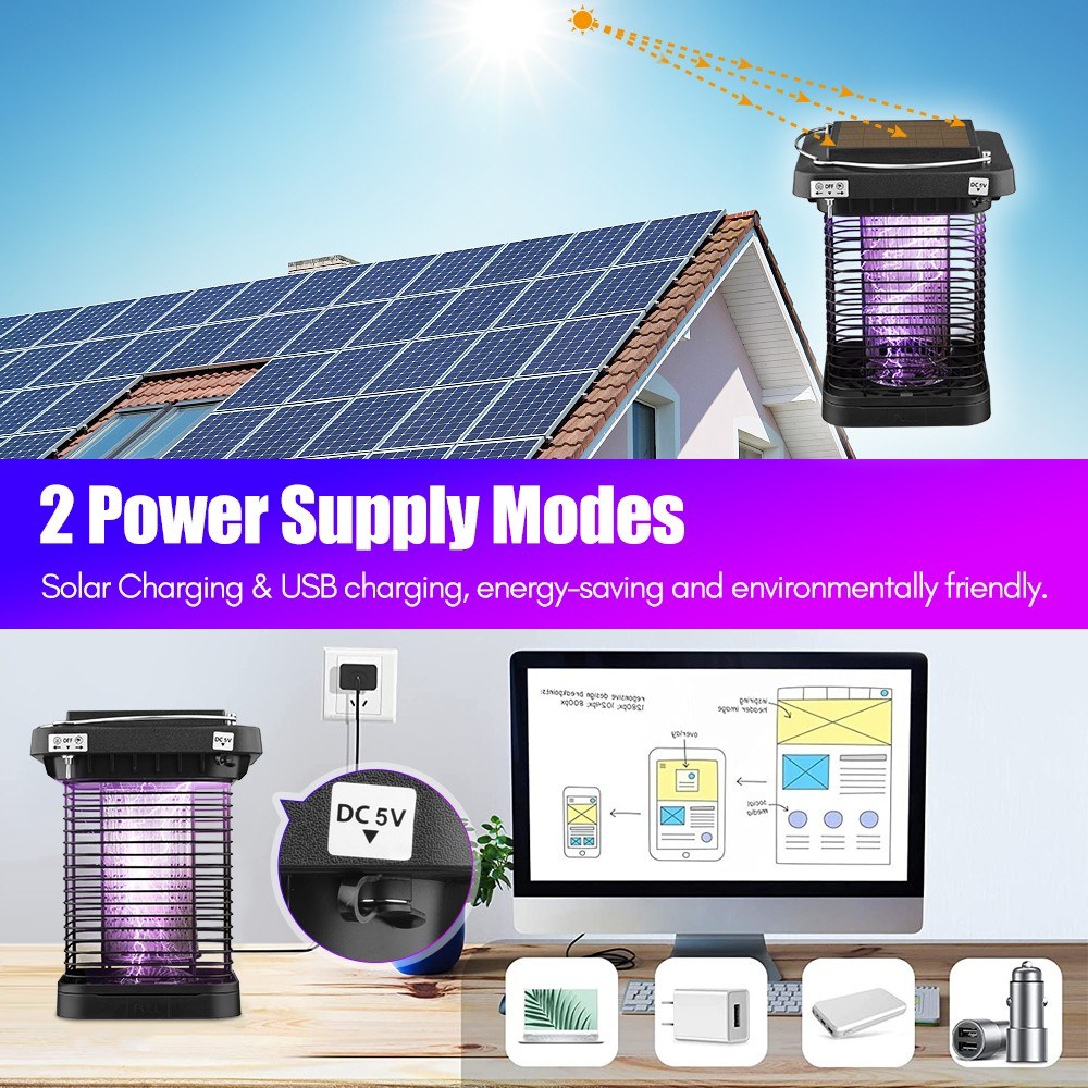 Solar Powered Bug Zapper - High Powered Electric Mosquito & Fly Trap, IP65 Waterproof LED