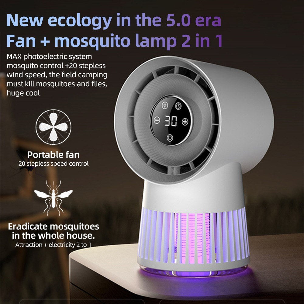 Electric Bug Zapper Fan, 2000V, 8H Timer, 20 Gears, 2400mAh Battery, Purple Light