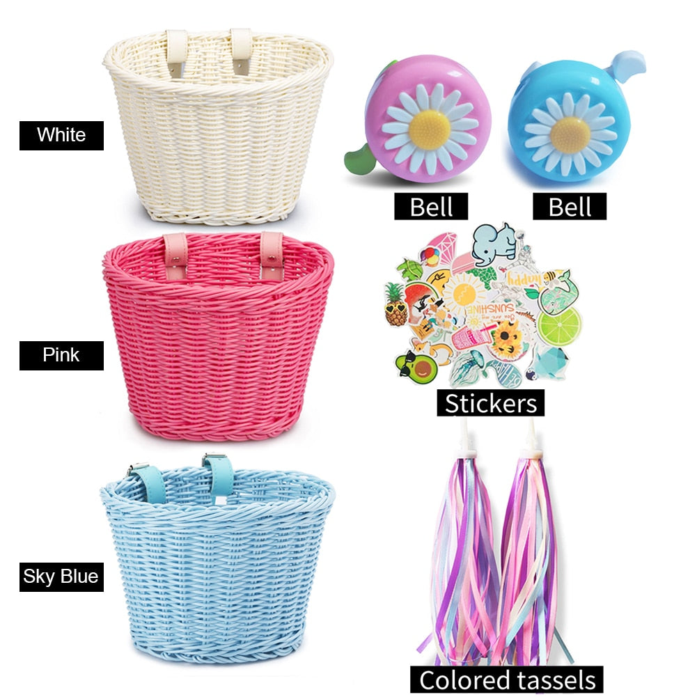 4pcs/Set Bike Basket With Bell Stickers And Tassels Streamers For Kids Child Bicycle Handmade Artificial Wicker Bicycle Basket