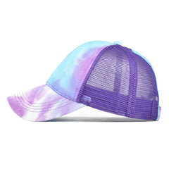 Woman Girl Tie Dye Ponytail Baseball Cap Mesh Net Adjustable Snapback Cap Camping Beach Sunhat European American Outdoor Sports