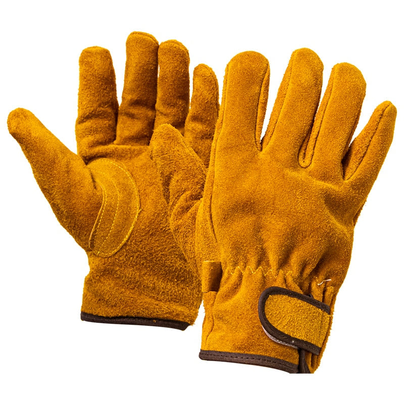 1 Pair Leather Fireproof Gloves Yellow Durable Anti-Heat Insulation Work Safety Gloves For Camping Welding Metal Hand Tools