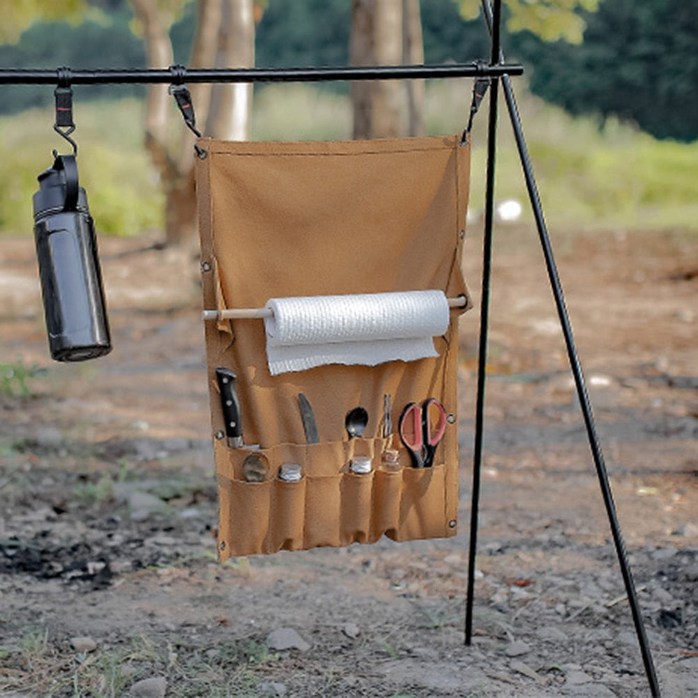 Camping Tableware Storage Bag Multi Pocket Canvas Portable Towel Storage Rack Outdoor Hiking Cutlery Hanging Holder