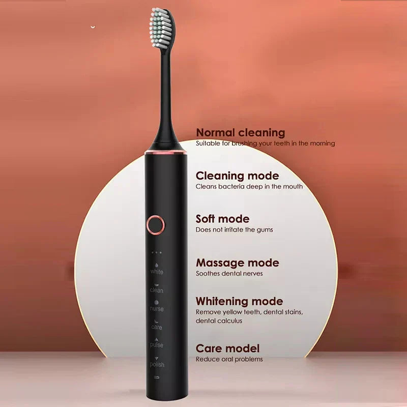 Adult Sonic Electric Toothbrush - 6 Modes, Timer, USB Charging with Replacement Heads