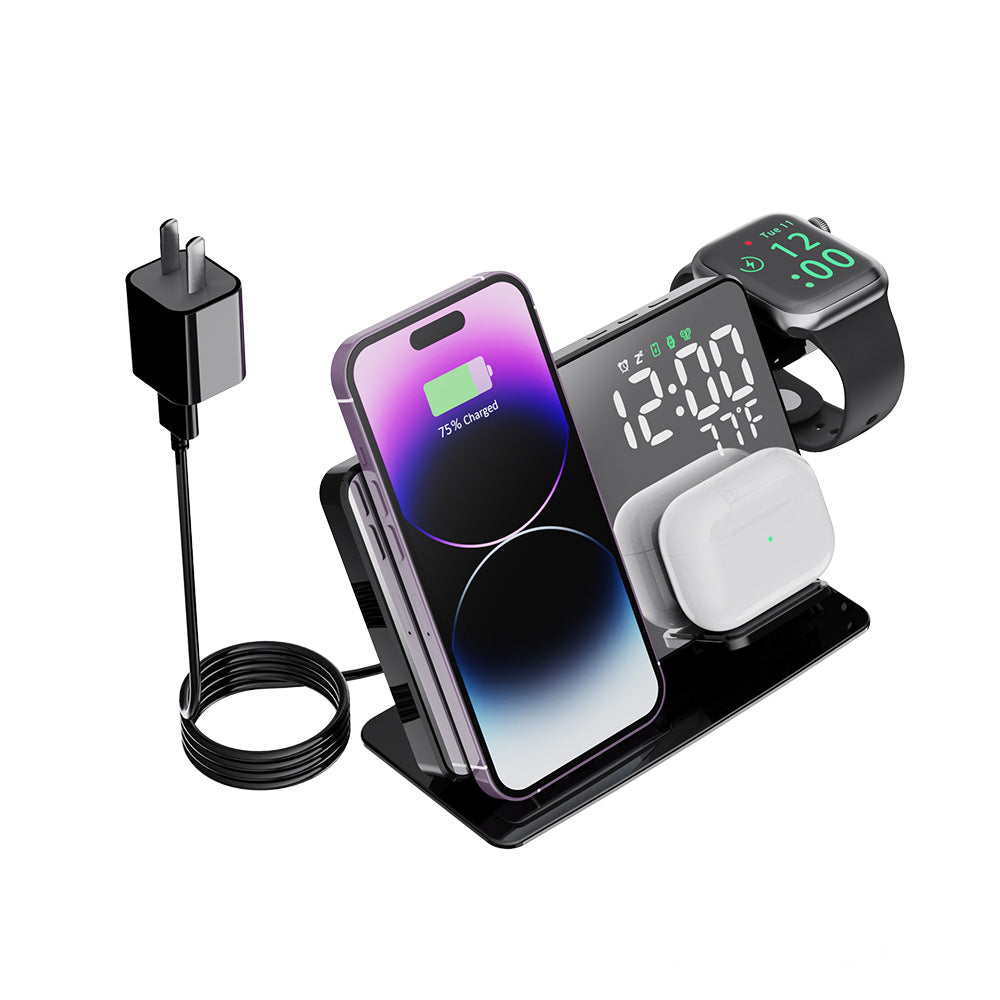 4-in-1 LED Mirror Alarm Clock with Wireless Charger, Temperature Display & Phone Holder