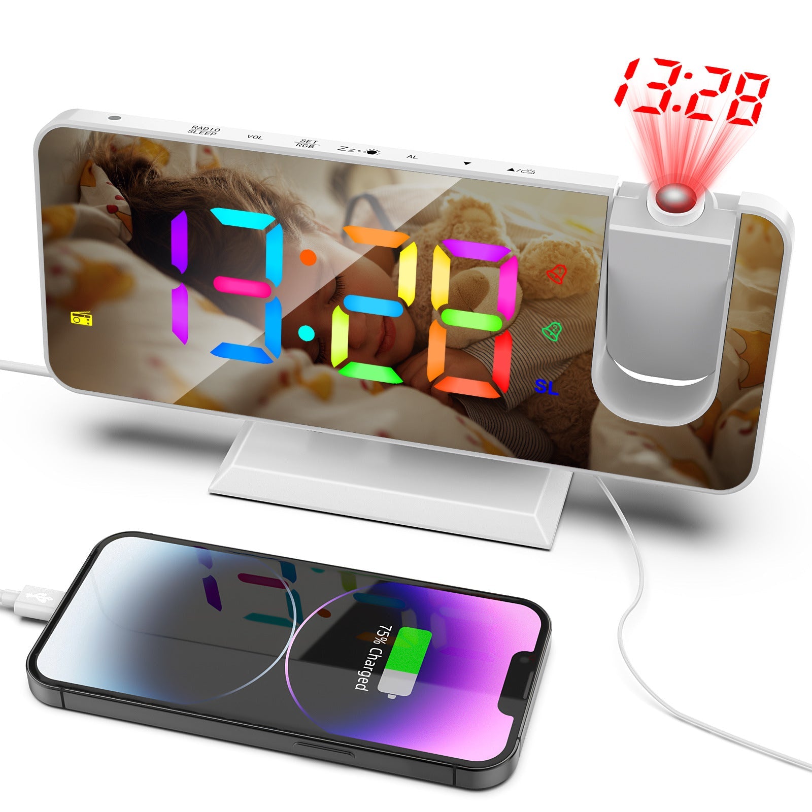 RGB LED Projection Alarm Clock: 180° Projector, 11 Colors, Mirror Surface, USB Charger, Adjustable Brightness - Bedroom/Living Room