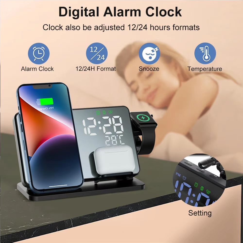 4-in-1 LED Mirror Alarm Clock with Wireless Charger, Temperature Display & Phone Holder