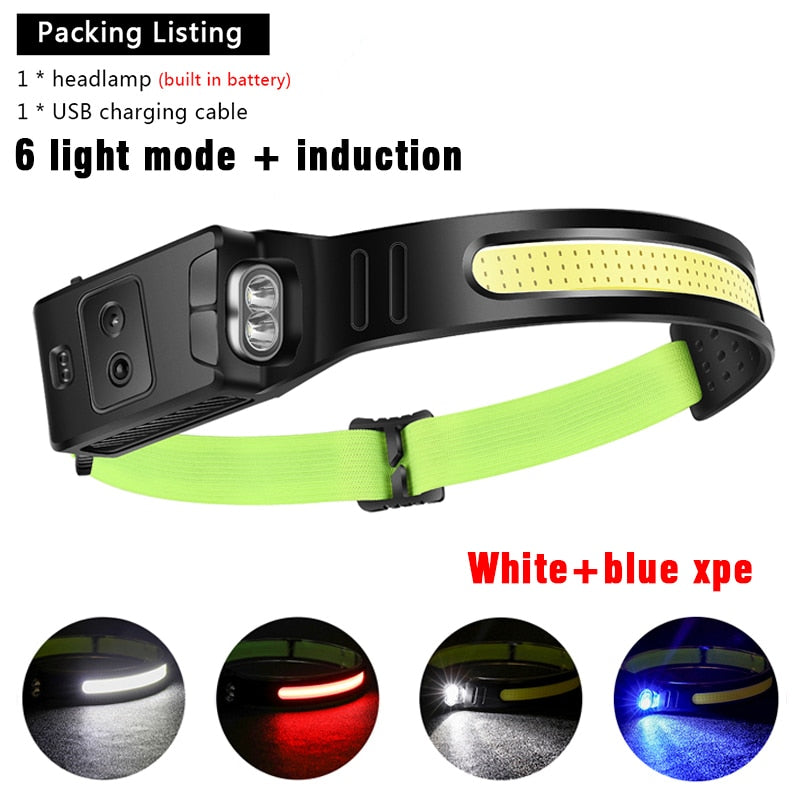 COB LED Induction Riding Headlamp 1200mAh USB Rechargeable Hunting Flashlight Work Light 6 Modes Head Lamp Torch