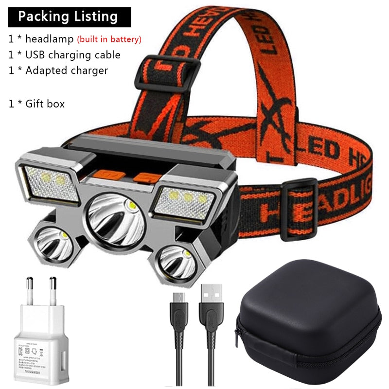 5LED Bright Portable Headlamp USB Rechargeable Built-in 18650 Battery Flashlight Lightweight Outdoor Work Camping Lantern