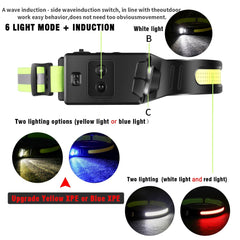 COB LED Induction Riding Headlamp 1200mAh USB Rechargeable Hunting Flashlight Work Light 6 Modes Head Lamp Torch