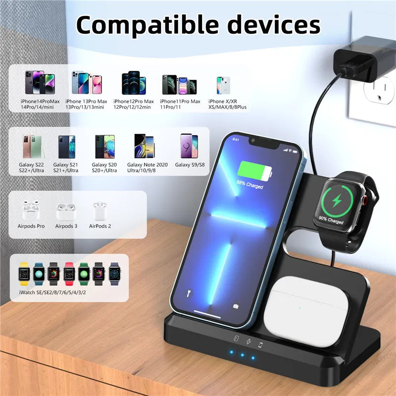 3-in-1 Wireless Charger Stand for iPhone 15/14/13, Samsung S22/S21, Galaxy Watch, Buds