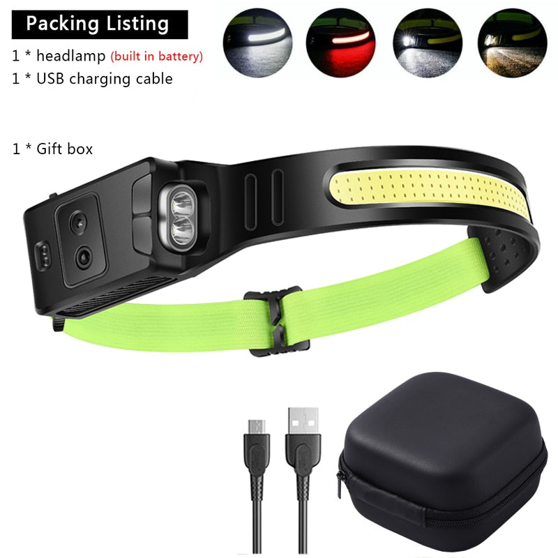 COB LED Induction Riding Headlamp 1200mAh USB Rechargeable Hunting Flashlight Work Light 6 Modes Head Lamp Torch