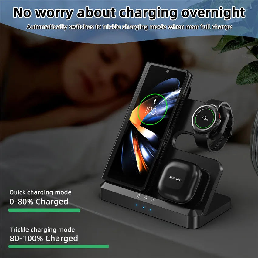 3-in-1 Wireless Charger Stand for iPhone 15/14/13, Samsung S22/S21, Galaxy Watch, Buds