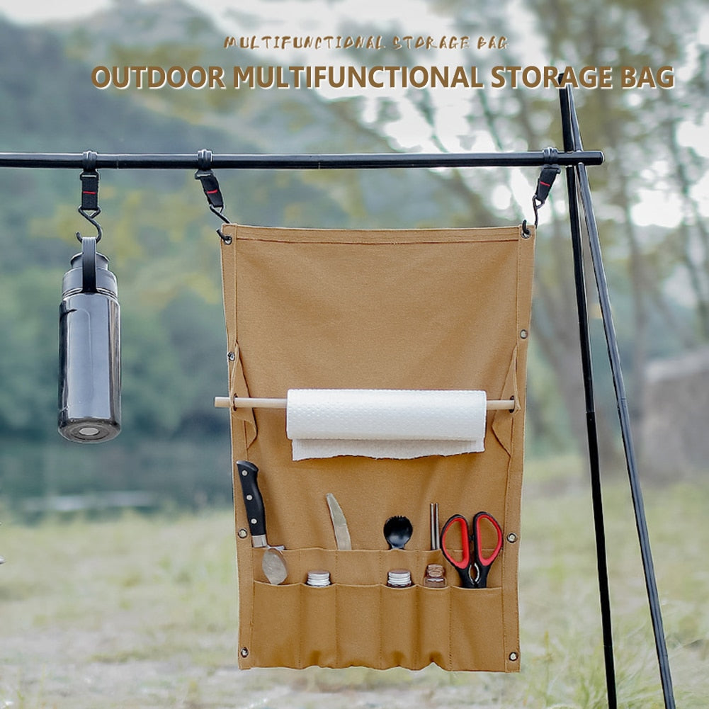 Camping Tableware Storage Bag Multi Pocket Canvas Portable Towel Storage Rack Outdoor Hiking Cutlery Hanging Holder