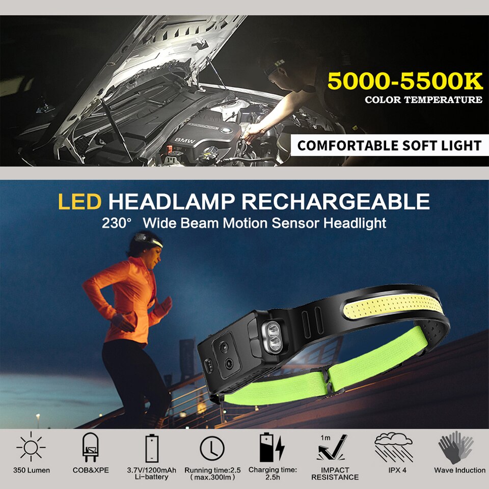 COB LED Induction Riding Headlamp 1200mAh USB Rechargeable Hunting Flashlight Work Light 6 Modes Head Lamp Torch