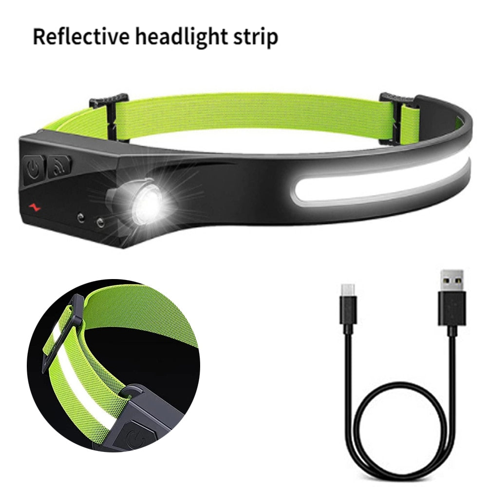 COB LED Headlamp Sensor Headlight with Built-in Battery Flashlight USB Rechargeable Head Lamp Torch 5 Lighting Modes Work Light