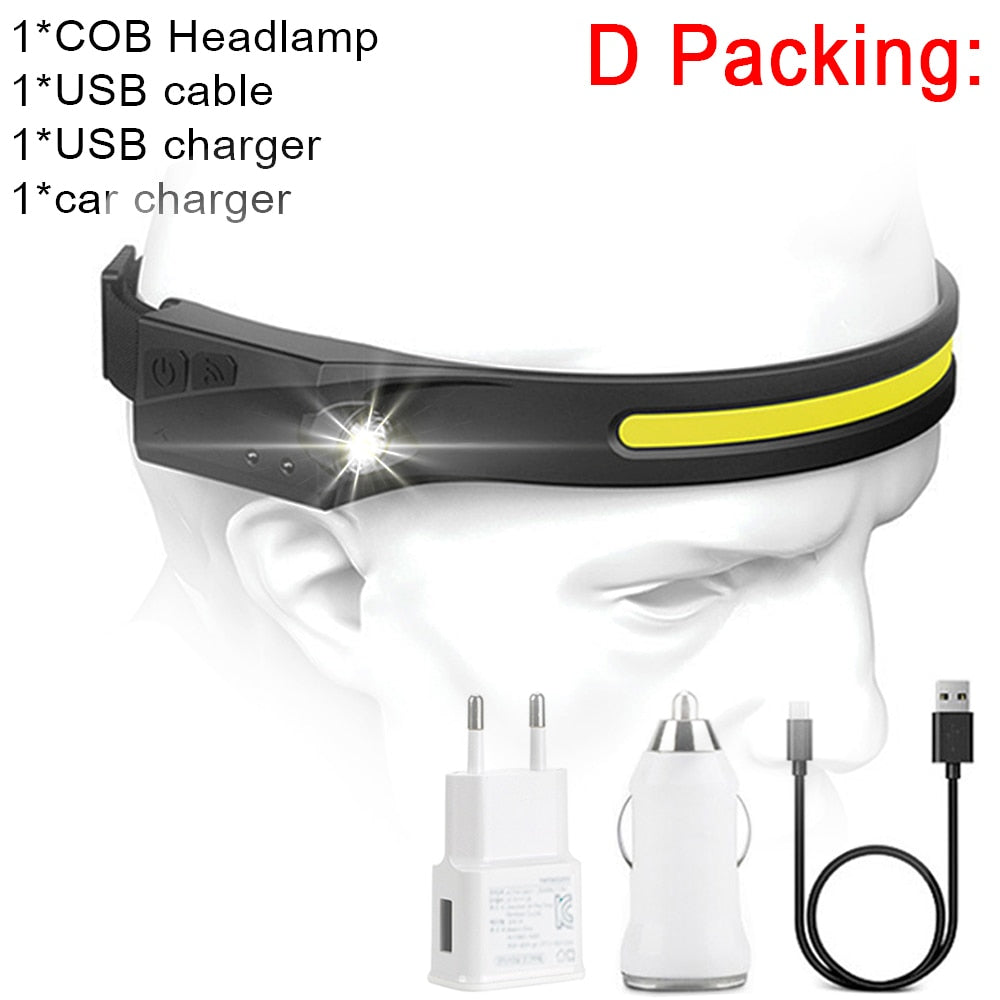 COB LED Headlamp Sensor Headlight with Built-in Battery Flashlight USB Rechargeable Head Lamp Torch 5 Lighting Modes Work Light