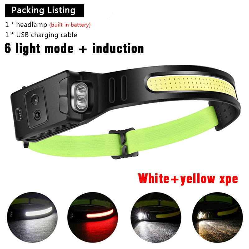 COB LED Induction Riding Headlamp 1200mAh USB Rechargeable Hunting Flashlight Work Light 6 Modes Head Lamp Torch