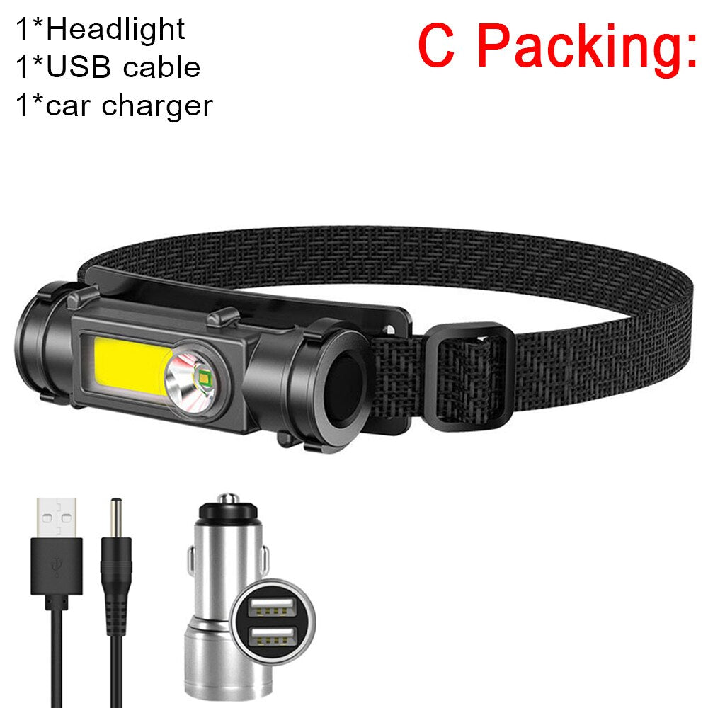 Portable Mini Powerful LED Headlamp XPE+COB USB Rechargeable Headlight Built-in Battery Waterproof Head Torch Head Lamp