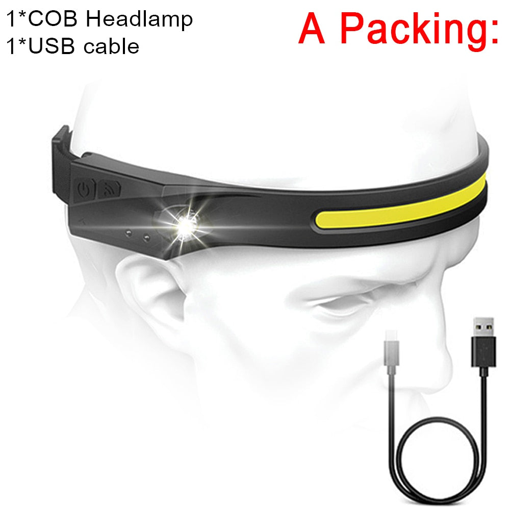 COB LED Headlamp Sensor Headlight with Built-in Battery Flashlight USB Rechargeable Head Lamp Torch 5 Lighting Modes Work Light