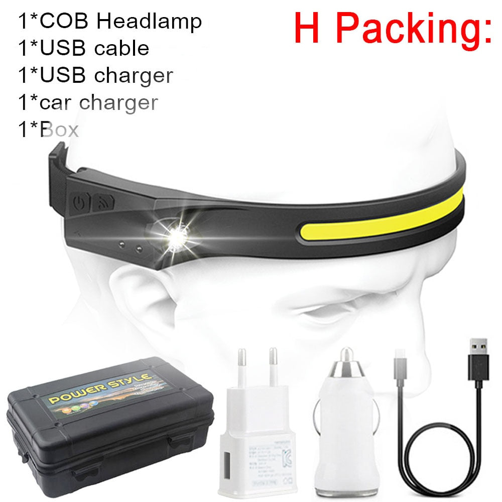 COB LED Headlamp Sensor Headlight with Built-in Battery Flashlight USB Rechargeable Head Lamp Torch 5 Lighting Modes Work Light