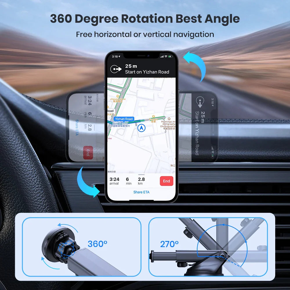 Magnetic Car Phone Holder Mount for Windshield & Dashboard, Strong Suction, Adjustable Arm