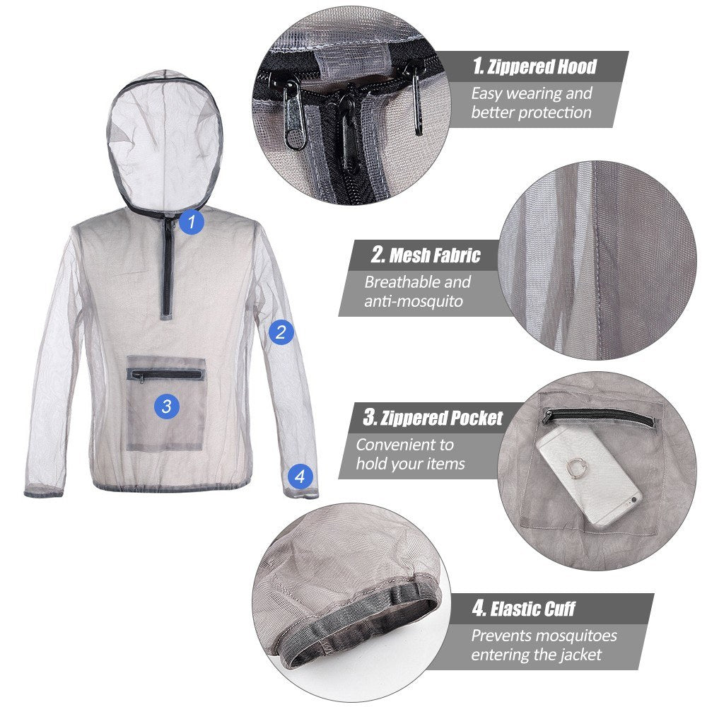 Ultralight Mesh Bug Jacket with Hood - Anti-Mosquito for Camping, Hiking, Fishing, Gardening