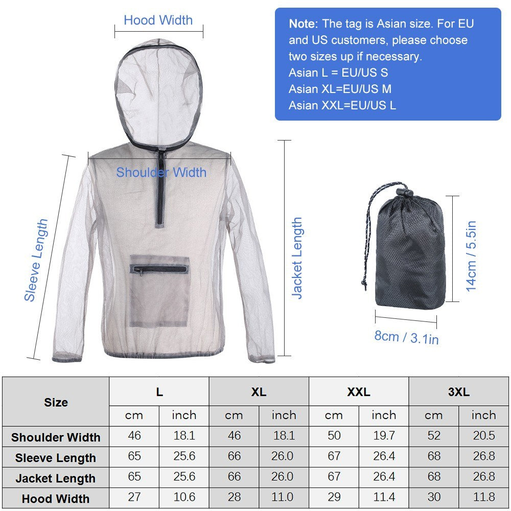 Ultralight Mesh Bug Jacket with Hood - Anti-Mosquito for Camping, Hiking, Fishing, Gardening