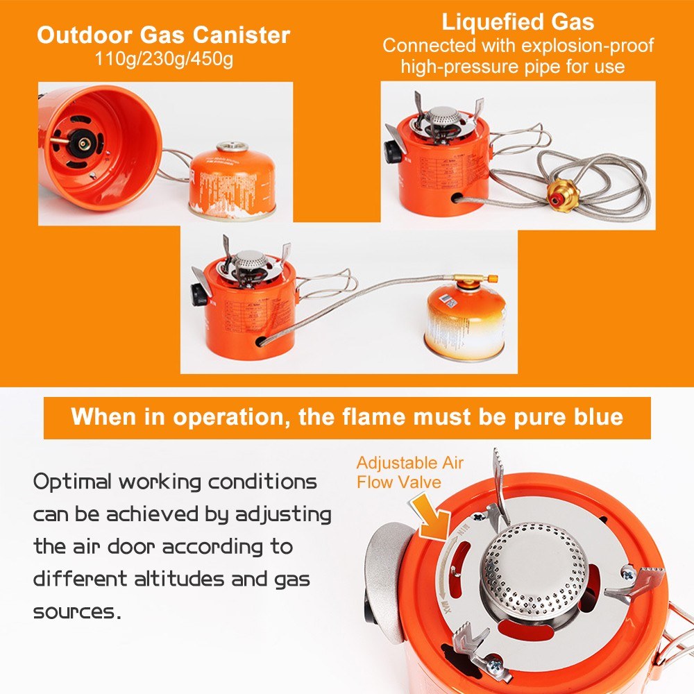 2-in-1 Portable 2000W Gas Heater Outdoor Camping Stove Heating Cooker for Ice Fishing Camping Hiking Picnicking Hunting