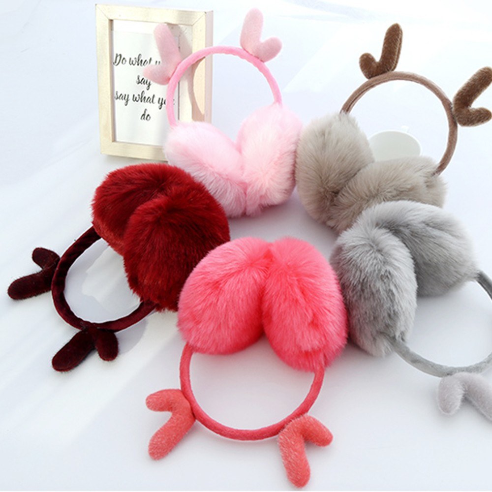 Cute Fashion Antlers Earmuffs Outdoor Winter WarmSoft Plush Earwarmer Adjustable Headband Ears Muff for Women Girls