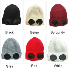 Winter Knitted Skull HatThickened Warm Stretchy Beanie Ski Cap,Removable Glasses Plush Lining Double-use,for Men Women Outdoor Activities