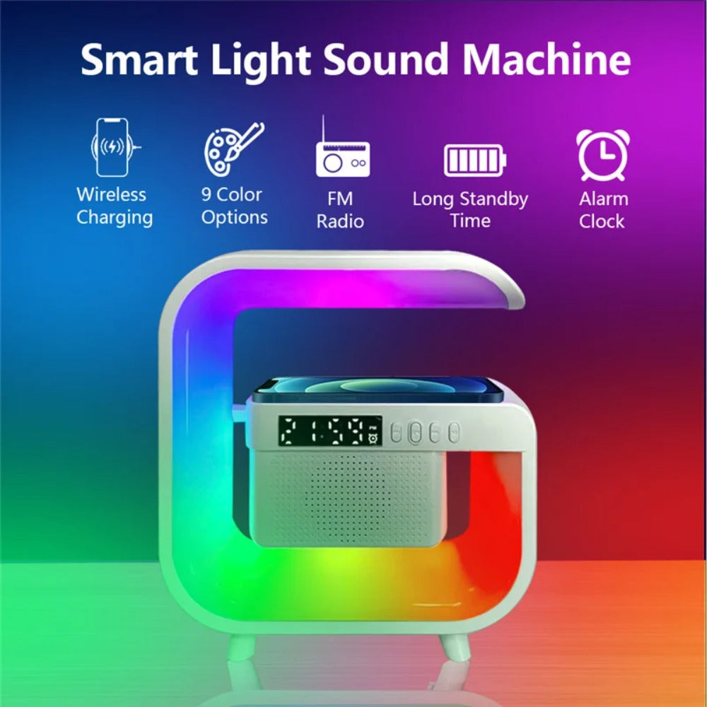 Wireless Charger Stand with Bluetooth Speaker, Alarm Clock, RGB Light, Fast Charging for iPhone Samsung Xiaomi