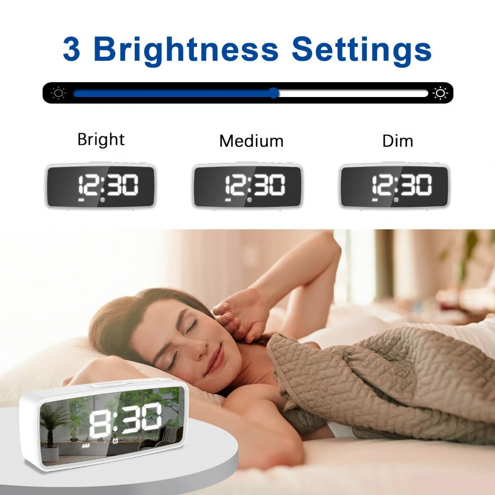 USB-Rechargeable LED Mirror Digital Alarm Clock with Snooze Mode