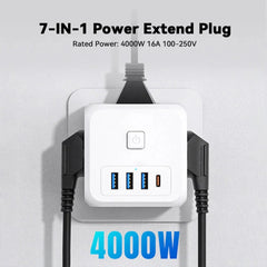 4000W 7-Port Power Strip with Fast Charging USB-C/USB-A & 3 AC Outlets EU Plug for iPhone, Hui, Samsung, Xiaomi