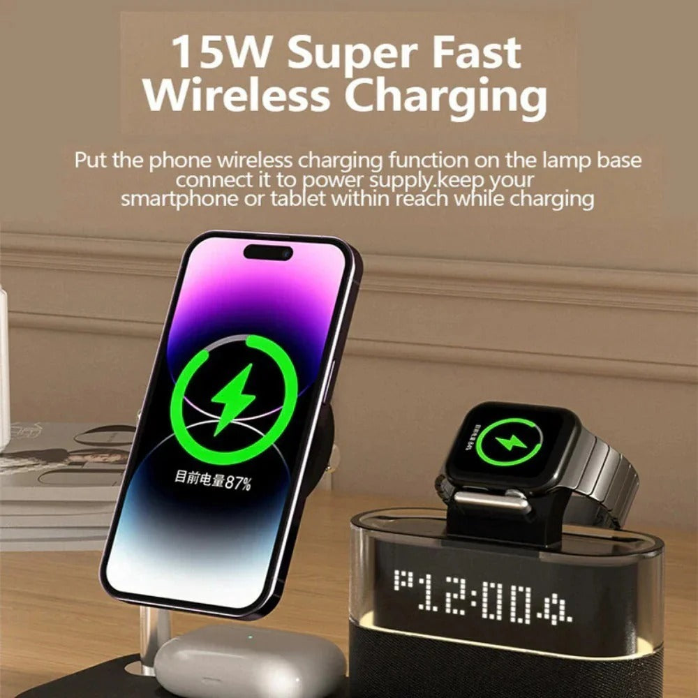 5-in-1 15W Magnetic Wireless Charger with Night Light & Alarm Clock for iPhone, Hui, Xiaomi, Earphones, Smart Wristbands