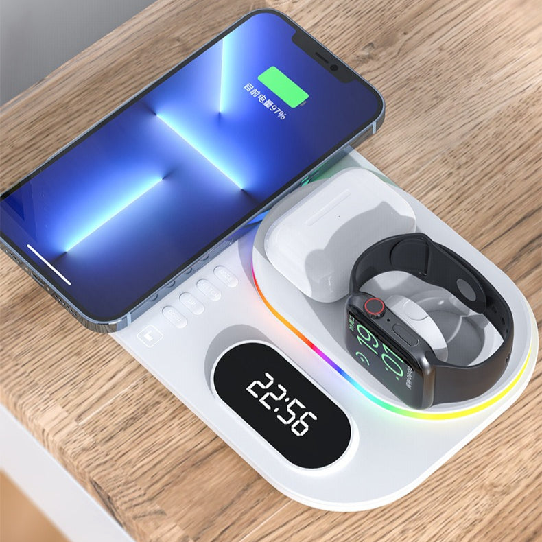 15W 4-in-1 Wireless Charger with Clock & RGB Lights for iPhone, Samsung, AirPods, Apple Watch